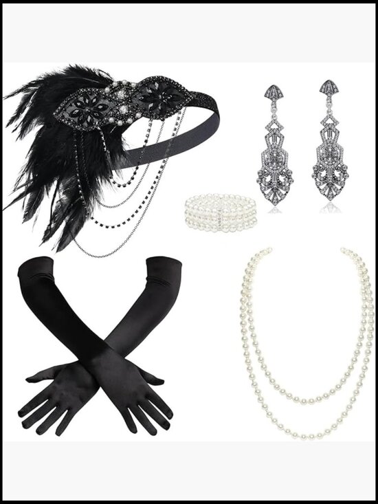 Flapper 1920s Accessory Set - Feather Headpiece Pearl Necklace Gloves Vintage main image 7